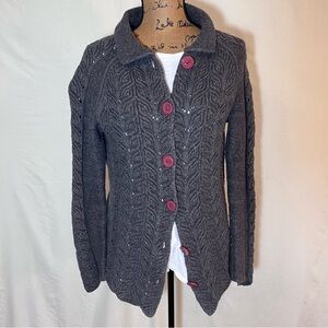 Heather B. Charcoal Grey Leaf Knit Cardigan Sweater Scalloped Hem Large